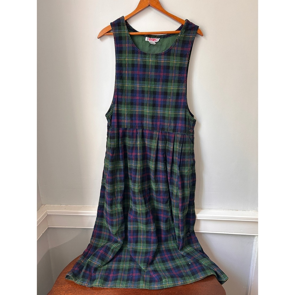 Vintage Fads Plaid Corduroy Pinafore Dress Green Blue Cotton Jumper Pockets M